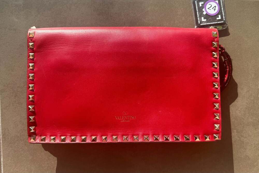 Valentino Garavani Red Nappa Leather Rockstud Wristlet Clutch COA